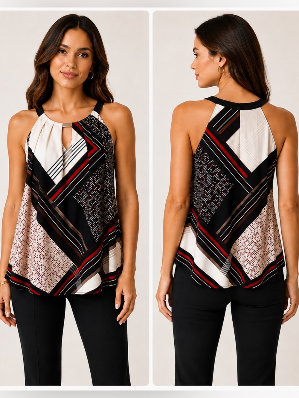 White House Black Market Geometric Halter Cami in Black, Red & Cream  S